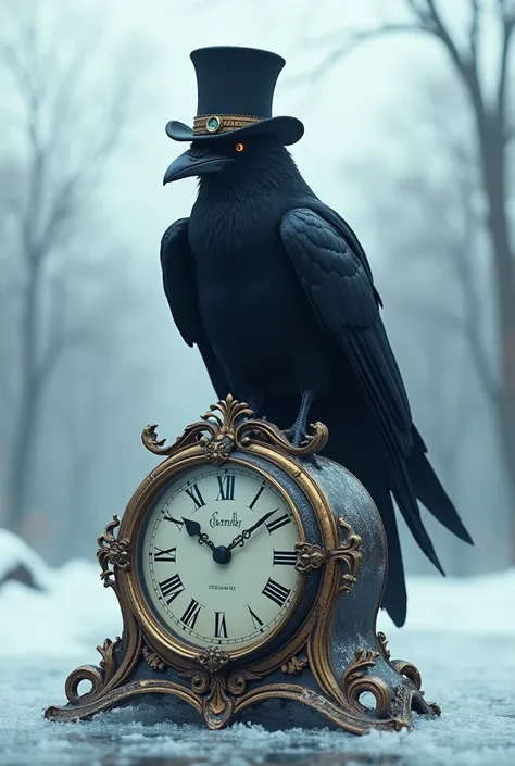 A crow wearing a top hat standing on an antique clock in an icy landscape.