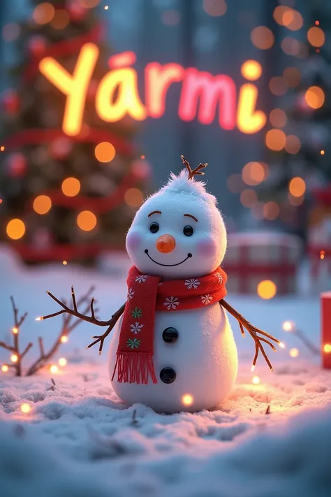 Draw a baby snowman with a Christmas background with colored lights that say Yärmi