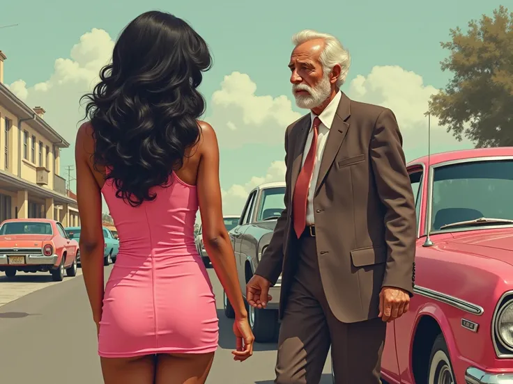 Draw a realistic from the 1970s head to toe scene of a Young Black Woman Prostitute wearing a very short pink dress and with a long wig walking to get in the car with a White Caucasian older Male who is 65 years old who is her customer.