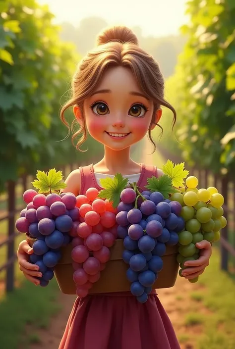 Girl carrying bunches of grapes and grapes