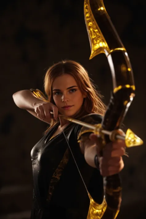 UHD 32k epic fantasy movie still, closeup portrait, photograph, archery, Emma Watson as a beautiful elf woman aiming a bow and arrow, the bow weapon is glowing with gold magic and glowing runes, dark cave background, cinematic realism, high action pose, pe...