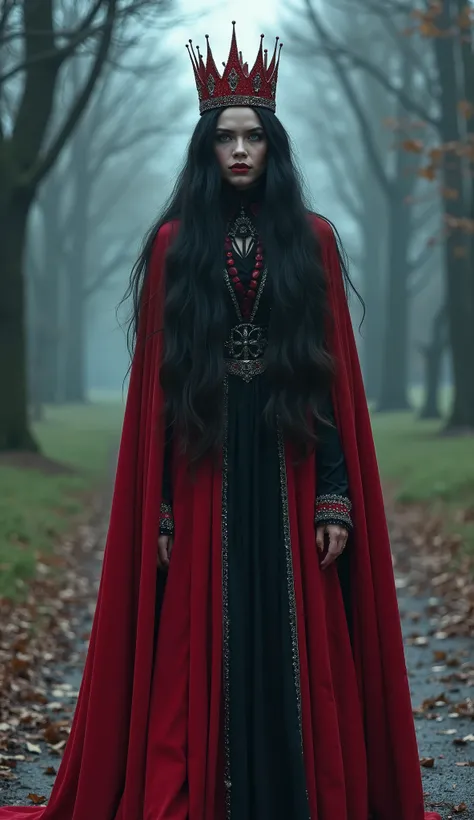 A beautiful woman with long black hair and blue eyes, in a red and black queens outfit with a red crown, standing at the first mystical crossroads. The path ahead is uncertain, and there are two ways, one dark and one light. The scene is charged with an au...