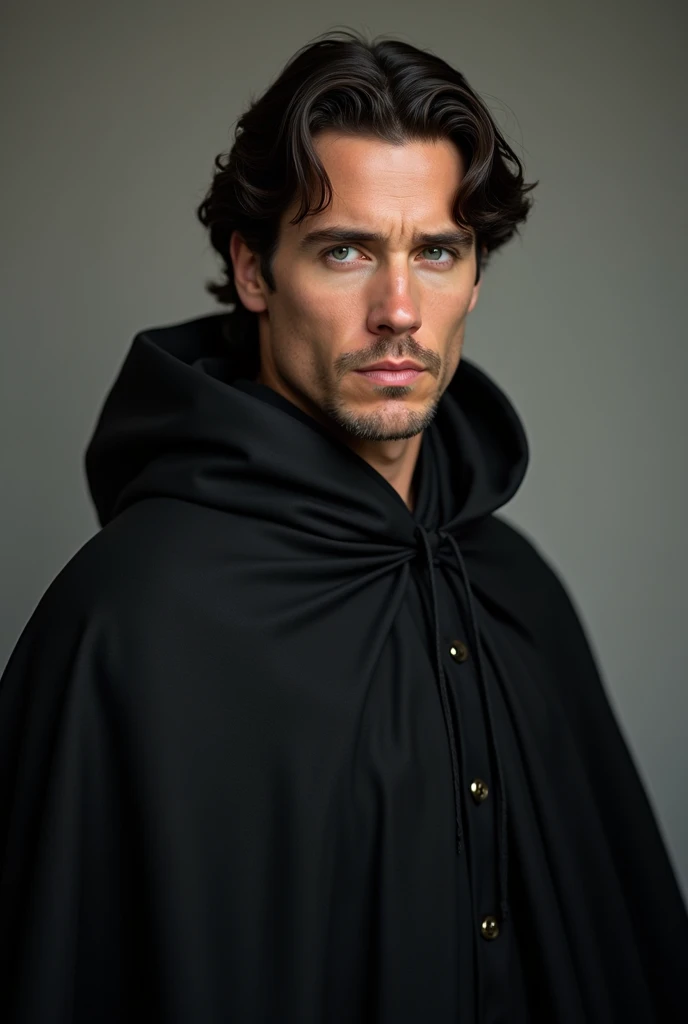 o ator Christian Bale sem barba, Young man 20 years old, like a wizard in a black cloak , well-cut hair. 8k, realism.  realistic photo .  Details of younger Christian Bales face.
