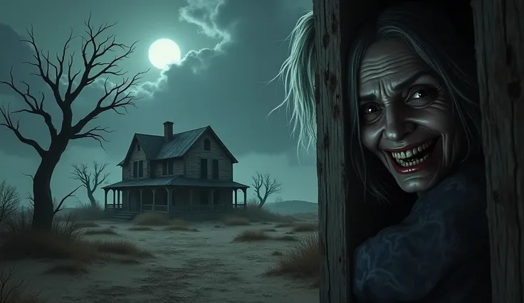  An old and abandoned house in the middle of an arid landscape , with dry poplars surrounding it .  The lighting should be dim ,  with a full moon that barely filters through dense clouds . In the background of the image in a corner is the face of a sinist...