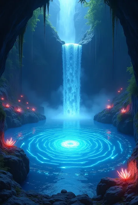  A luminescent waterfall inside the cave gushing from the rock wall plummeting into a crystalline blue lake with a hole almost a whirlwind in the center, surrounding several bright night plans that illuminate the entire cave .