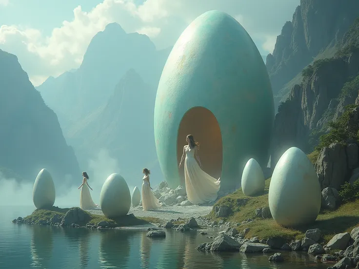 Create an island with mountains and eggs big with beautiful women leaving it 