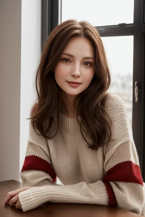 Jennifer, portrait photo of a beautiful european woman, white skin, dark red brown long hair, cute gentle smile, captured from the front, looking elegant, wearing attractive multicolour sweater, looking left in the room near a window, random scene, dark da...