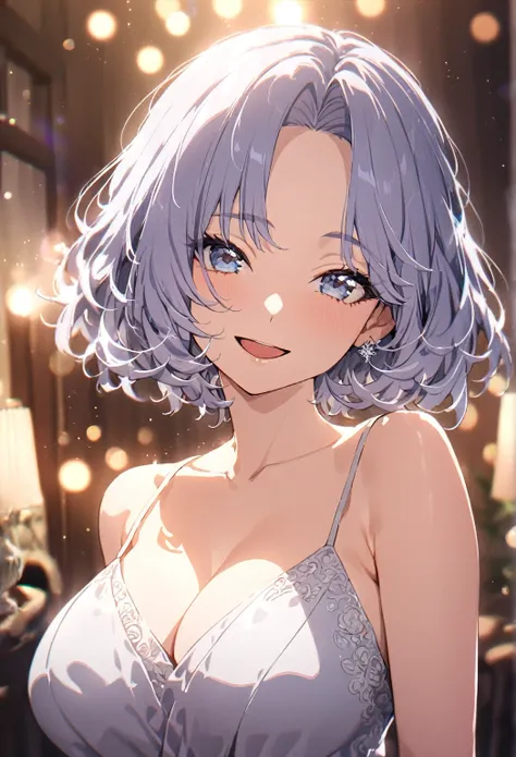 ((best quality)), ((masterpiece)), (detailed), (1girl), housewife, big breast, blue-silver Chin-Length Bob with Waves short hair with delicate strands falling gently onto her face, parted bangs, ((mature woman)), mother with blue-silver eyes, open mouth, h...