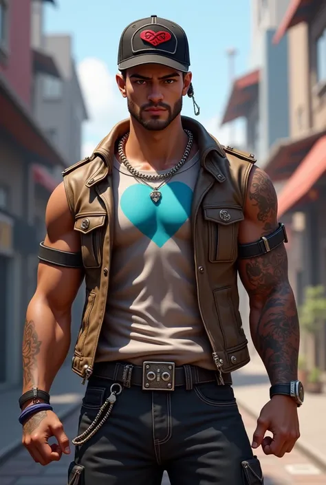 Male character Free Fire ,  with urban heart cap,  will mark Arctic blue ,  chest after hours , And pants down 