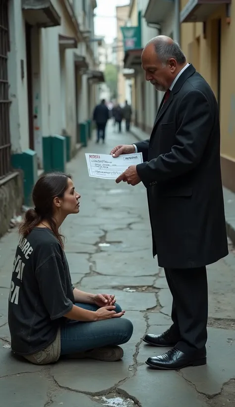 Ultra-realistic, high-detail photorealistic scene of a female physical education professional, 26 years old, sitting on the ground of a cracked and dirty sidewalk. She is wearing old, tattered clothing, including a faded black shirt with bold, uppercase te...