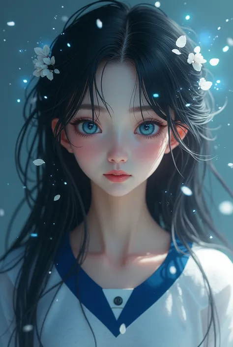 A young Japanese woman with a presence that evokes a being who came out of an ancient spell.  Her long dark hair falls in soft waves ,  contrasting with her blue eyes ,  deep and fascinating ,  like two fragments of sky caught in her eyes . Your skin,  of ...