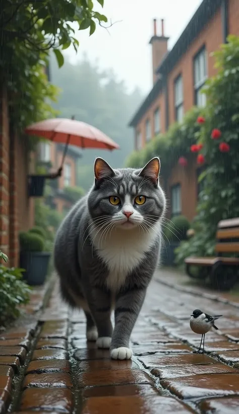 "A determined gray-and-white cat stepping onto a rainy cobblestone street in a picturesque UK village. Umbrellas, puddles, and brick houses with ivy-covered walls set the scene. The cat looks focused on a small bird perched on a nearby bench."