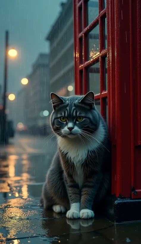 "A soaking wet gray-and-white cat with green eyes huddled under a classic red UK phone booth in the middle of a rainy street. Dim streetlights reflect in the puddles, and the atmosphere feels both melancholic and hopeful."