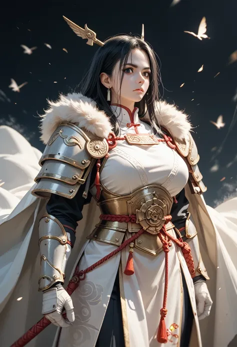 1 woman, Koei Three Kingdoms,  warrior,  Wearing Chinese white armor,  wearing a white furry Viking cape,  Black hair,  dark eyed, voluptuous body,  looking at the front