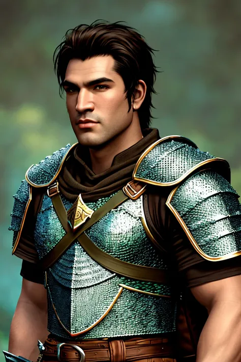 Masterpiece, highest quality, detailed face, detailed eyes, detailed lips, solo character, a Dungeons & Dragons warrior, Half-Orc male, extremely tall, muscular, chainmail armor, dragon scale breastplate, dark brown hair, green eyes, olive brown skin, war ...