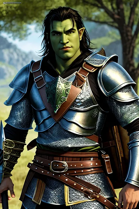 Masterpiece, highest quality, detailed face, detailed eyes, detailed lips, solo character, a Dungeons & Dragons warrior, Half-Orc male, extremely tall, muscular, chainmail armor, dragon scale breastplate, dark brown hair, green eyes, olive brown skin, war ...