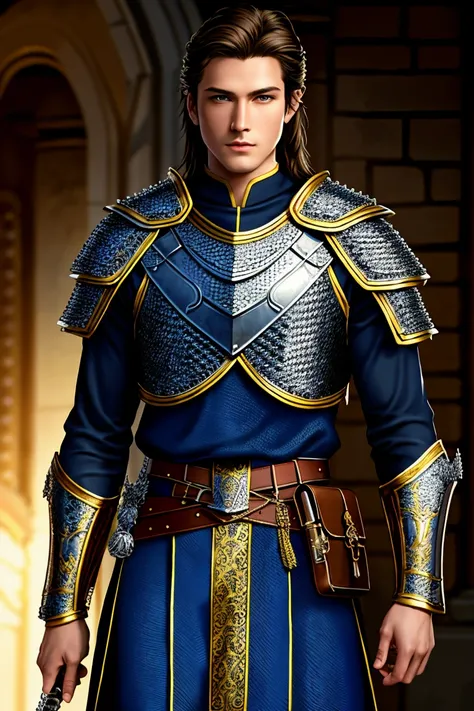 Masterpiece, highest quality, detailed face, detailed eyes, detailed lips, solo character, a Dungeons & Dragons cleric, human male, tall, slender and muscular, chainmail armor, vestments, dark blonde hair, dark blue eyes, light tan skin, mace in right hand...