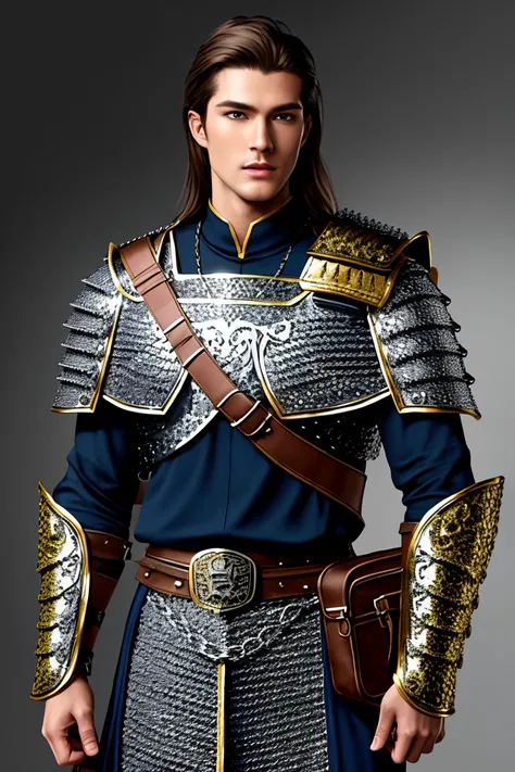 Masterpiece, highest quality, detailed face, detailed eyes, detailed lips, solo character, a Dungeons & Dragons cleric, human male, tall, slender and muscular, chainmail armor, vestments, dark blonde hair, dark blue eyes, light tan skin, mace in right hand...