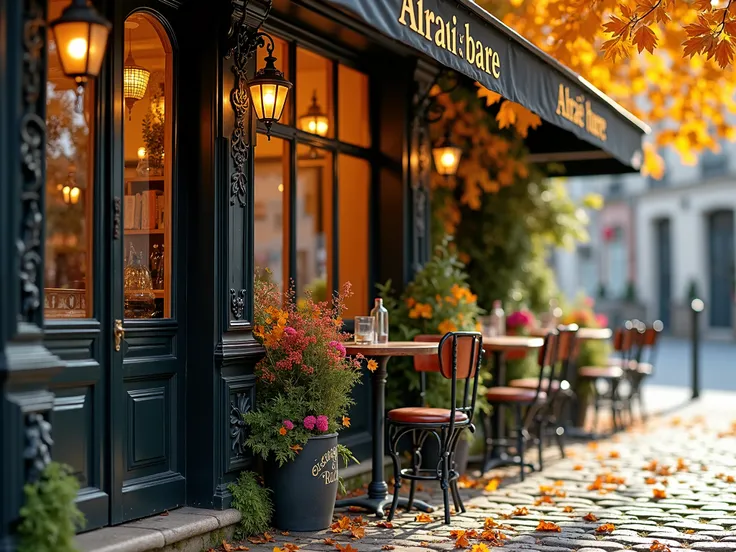  Ultra-detailed autumn charming Parisian café scene ,  golden hour lighting .  Exquisite black forging with intricate carvings ,  showing little wear and tear and peeling paint .  Antique glass window panes with minor defects and reflections .  Carved wood...