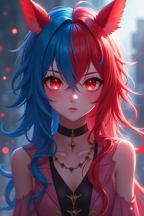 Create an anime girl  she should be  her hair should be red and blue and her eyes red