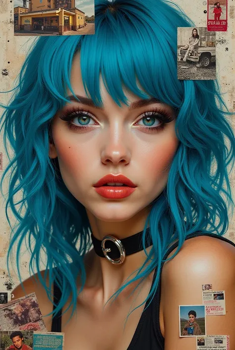 woman with blue hair, in the style of multi-layered collages, edgy street art, celebrity-portraits, cardboard, fragmented icons, realistic hyper-detail, crossed colors --ar 73:111 --stylize 750 --v 6