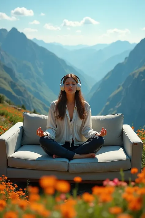  I need an image of a good-looking 40-year-old woman sitting on a well-eaten sofa with headphones on ready for meditation,  the background must be the top of a beautiful mountain with quite a lot of color , Size 16:9, That it goes viral and that it is very...