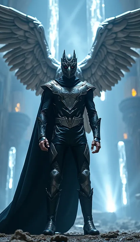 Freddie Mercury, an inspiring leader in a black leather jumpsuit with silver accents, a flowing cape and a warrior mask. He controls an elemental silver eagle that fires devastating sonic waves.

Background: A floating crystal arena in a lost valley, where...