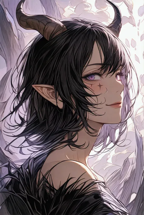 Alone, high resolution, Rice,  black hair , purple hair, medium hair, wavy hair, side stripe,  Anatomically correct , high resolution,  silhouette , detail,  illustration,  Demon horns , scar on the eye, 

 Vlad is a handsome man of short stature ,  with a...