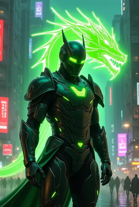  The man wears Bronze Dragon Armor in a cyberpunk style ,  made of smooth and futuristic metallic ,  with a predominant dark green color with neon green details that glow softly in lines that run through the armor design.  the armor covers his entire body ...