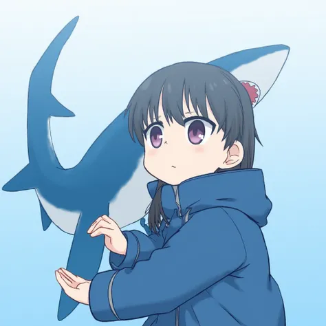  cartoon picture of a girl in a blue coat and a shark,  Kantai Collection Style ,  2D anime style ,  blue shark ,  Pixivs Popular ,  splash art anime Lori , pixiv style,  trending on ArtStation and Pixiv,  Arknights , Highest rated on pixiv, Style Anime, H...