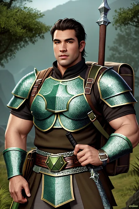 Masterpiece, highest quality, detailed face, detailed eyes, detailed lips, solo character, a Dungeons & Dragons warrior, Half-Orc male, extremely tall, muscular, chainmail armor, dragon scale breastplate, dark brown hair, green eyes, olive brown skin, war ...