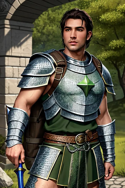 Masterpiece, highest quality, detailed face, detailed eyes, detailed lips, solo character, a Dungeons & Dragons warrior, Half-Orc male, extremely tall, muscular, chainmail armor, dragon scale breastplate, dark brown hair, green eyes, olive brown skin, war ...