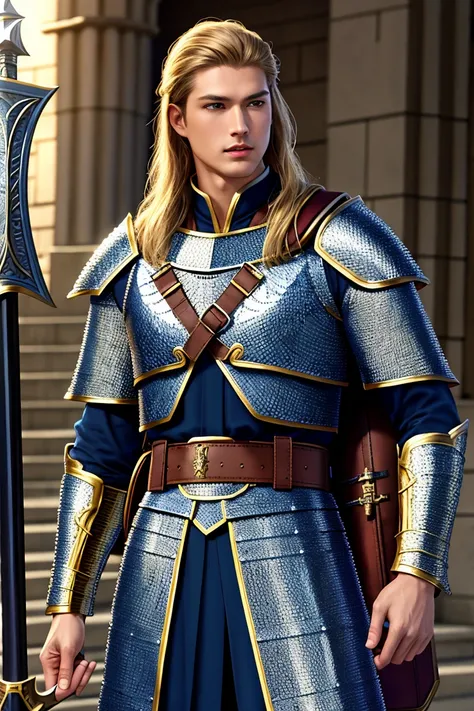 Masterpiece, highest quality, detailed face, detailed eyes, detailed lips, solo character, a Dungeons & Dragons cleric, human male, tall, slender and muscular, chainmail armor, vestments, dark blonde hair, dark blue eyes, light tan skin, mace in right hand...