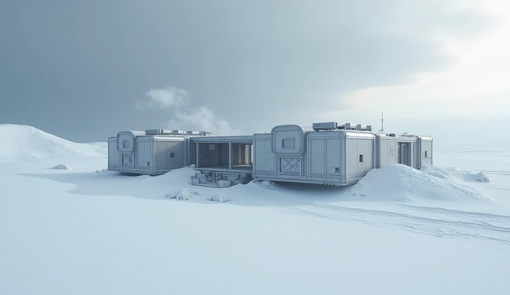 Description:  An isolated scientific station in Antarctica ,  composed of metallic modules semi-buried in the snow , connected by corridors .  The environment is completely white ,  with a storm starting to rise on the horizon .  The sky has shades of gray...