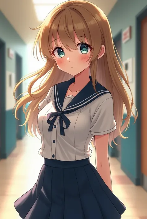 Beautiful girl,cute,Blonde brunette , half-American, Blue Eyes , big breasts , wearing a school dress ,smile, shill, Anime, 