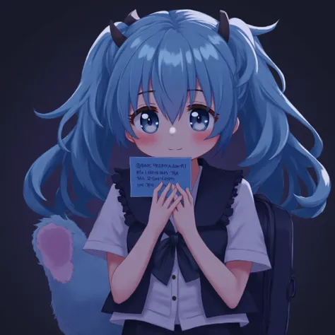  a dark anime girl holding a card with an inscription on it  ( and I recommend checking out new information about our Instagram song, I々Is Animojebcys IG ),  light blue hair , 