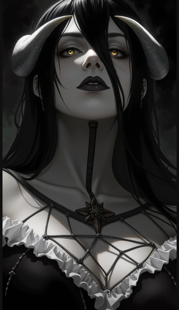 Gothic Gown Demon Horns Yellow Eyes Succubus Bat Wings Curvaceous Jisoo Albedo Overlord, An extremely detailed digital painting in an anime style inspired by the Hellsing Anime of an enigmatic young woman in her late teens portrayed by Jisoo from BlackPink...