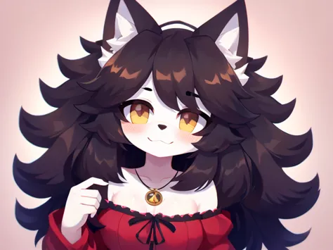 cute wolf girl with thick hair, detailed body, happy clothes, high quality face