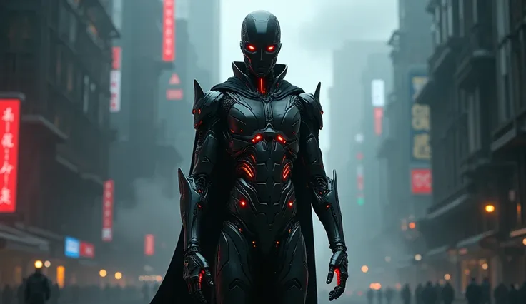 "A futuristic humanoid robot representation of the Antichrist. The figure appears as a sleek, metallic humanoid with glowing red eyes, a cold and lifeless expression. Its body is made of dark chrome-like materials, with sharp angular features and intricate...