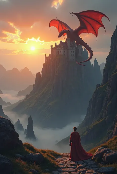  A slightly cloudy sky with sunrise ,  the rays of light from the rising sun radiate the Old High Castle on the mountain. The Bur stands between very high mountains .  The castle is surrounded by a beautiful large dragon ,  which breathes fire out of its t...