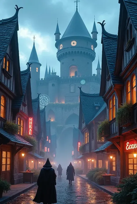 a medieval town , In cyberpunk style, villagers and knights , inns,  and castles in the background,  Full image .