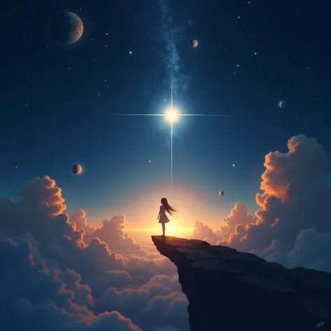 There is a girl shining like a star in the sky. There are many stars in the sky. There are planets everywhere in the sky. She is looking at me from a star. Then the sun rises.