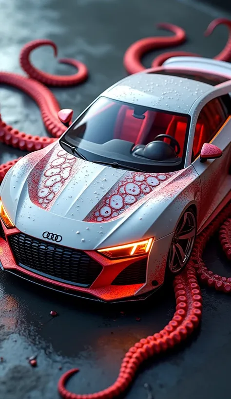 Create an ultra-realistic and enhanced hybrid of a **white Audi Quattro** and a **red giant octopus**, blending the precision and luxury of the Audi with the mysterious, dynamic, and otherworldly traits of the octopus. This unique concept should showcase t...