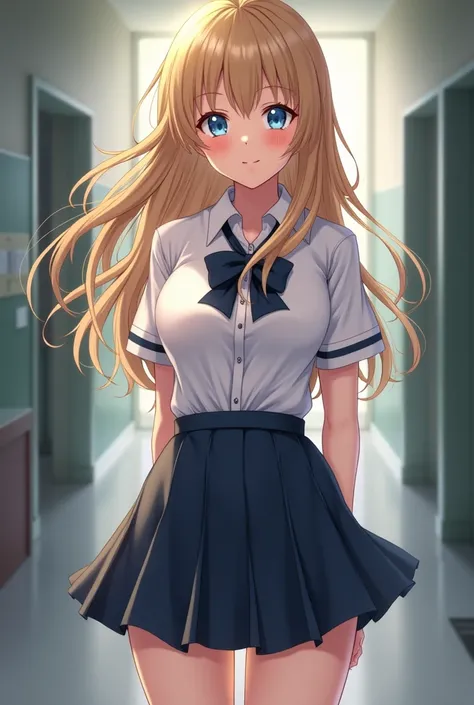 Beautiful girl,cute,Blonde brunette , half-American, Blue Eyes , big breasts , wearing a school dress ,smile, shill, Anime, 