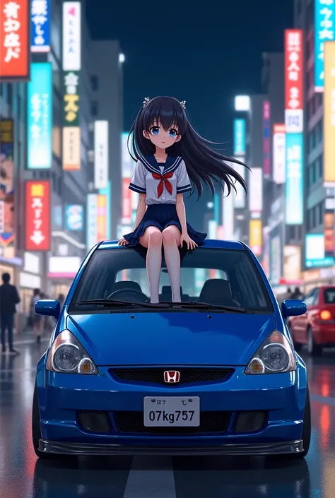 Cute Short anime girl With long black hair Dressed in a school uniform with white stockings  sitting on the hood  of blue 2003 Honda fit with mody kit mugen with Japanese license plate 07kg757 against the background of night Tokyo neon signs