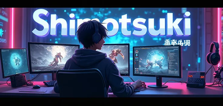 Create an epic gamer image with the word shimotsuki without changing the language