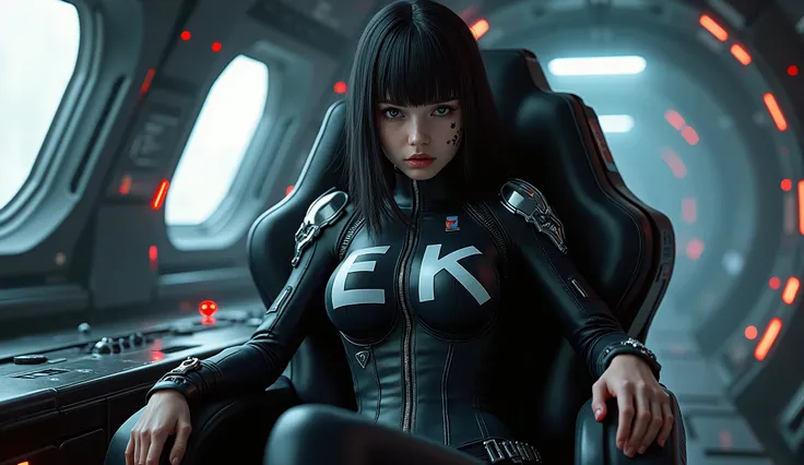  Best Quality ,  masterpiece ,  ultra high resolution , ( photorealistic :1.4),  RAW photo, 1 girl, cabello oscuro,  dramatic lighting ,  full body, bitch, Gantz style body ,  big breasts,  On my way to shopping,  Sitting on the captain &#39;chair in the c...