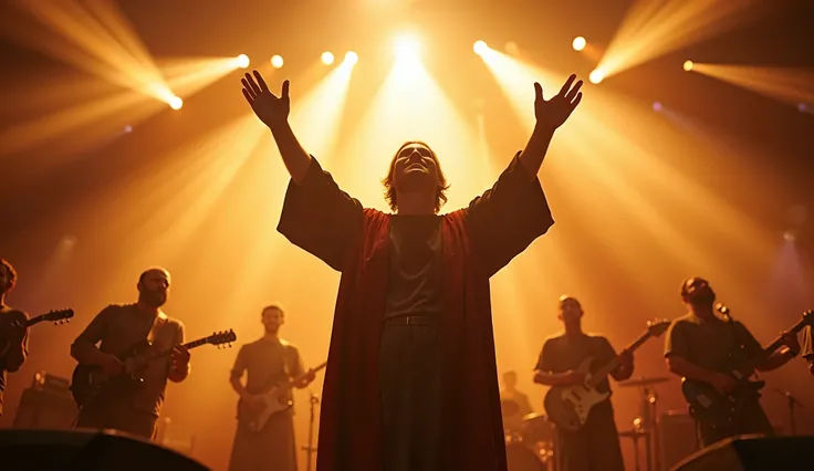  a man praising God with microphone in his hand,  behind him your musicians on a stage , with lights illuminating the stage 