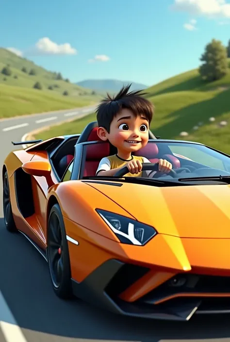 A boy sits in a Lamborghini while cruising 