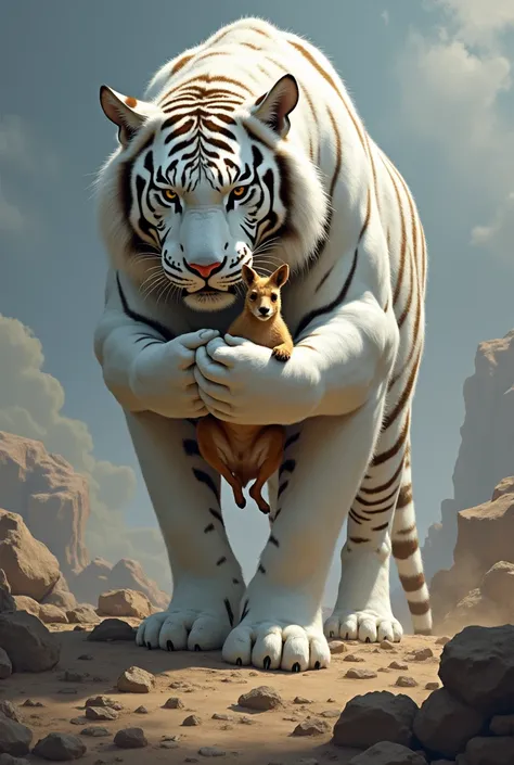 A white tiger carrying in its arms a kangaroo standing in a war standing facing forward 